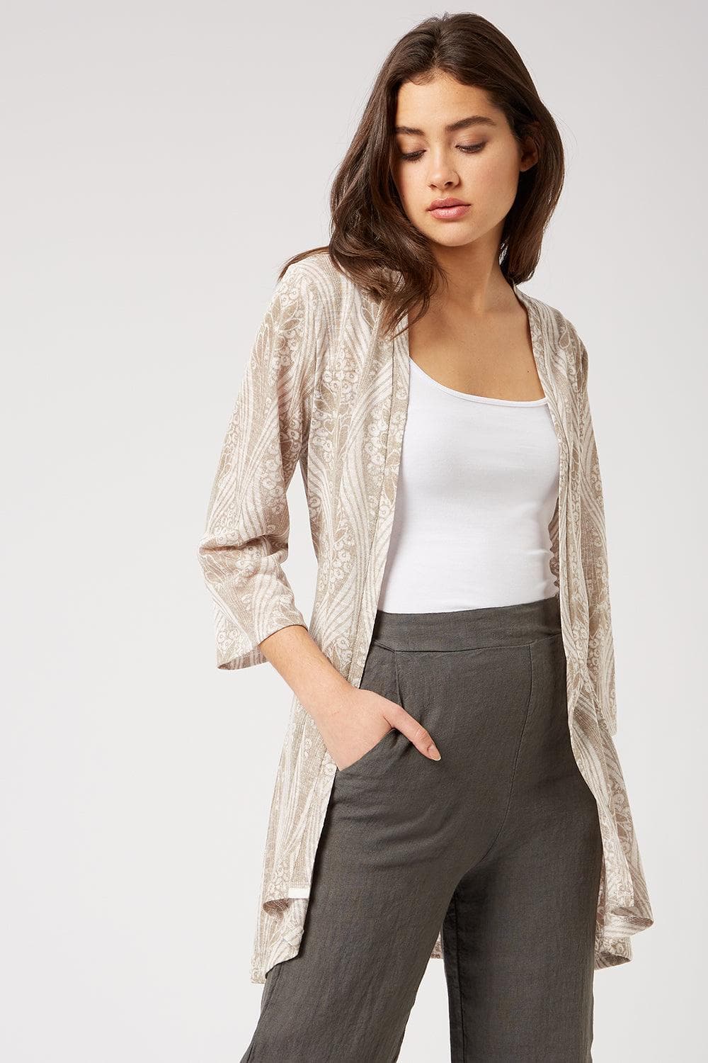 Belted midi-length taupe James Lakeland floral print cardigan