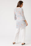 Back of Belted midi-length light blue and pink James Lakeland floral print cardigan
