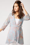 Belted midi-length light blue and pink James Lakeland floral print cardigan