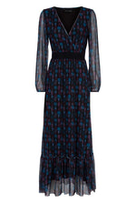 Turquoise and black James Lakeland long-sleeve boho-style v-neck dress with all-over print