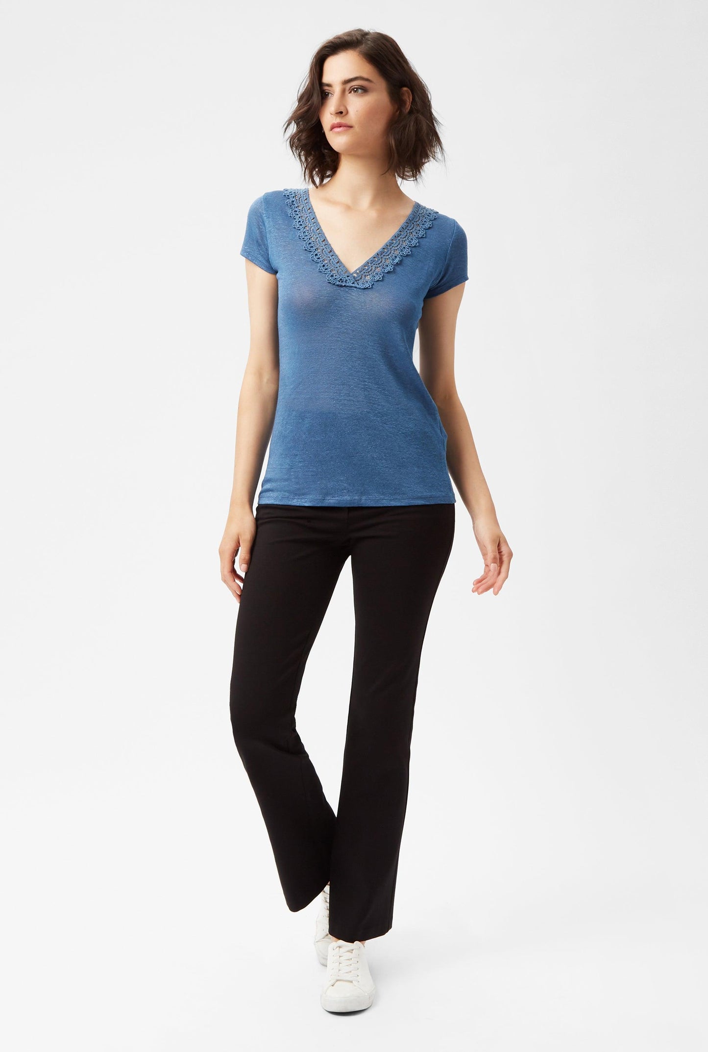 Crochet Detail V Neck T-shirt (6879305007260)