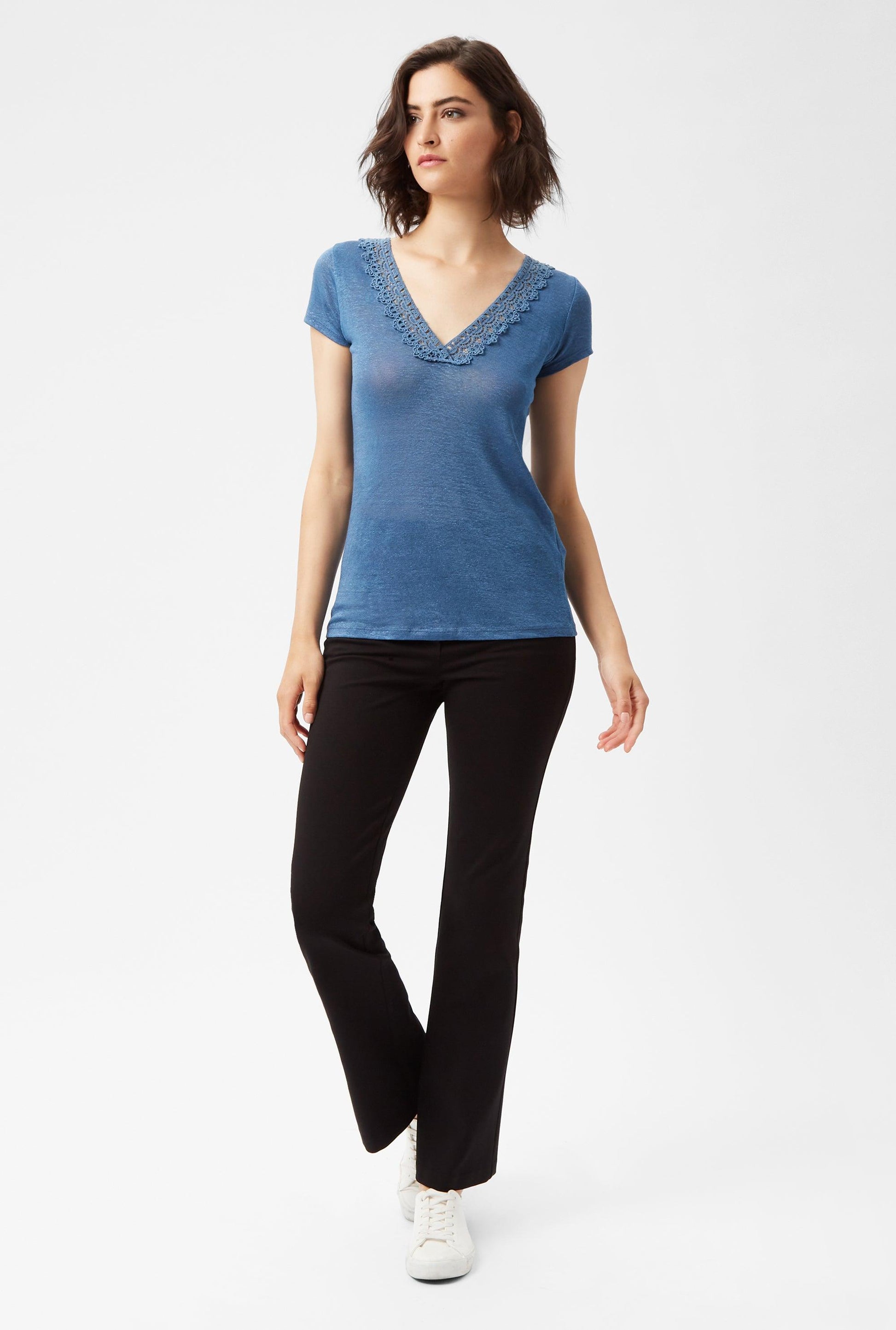 Crochet Detail V Neck T-shirt (6879305007260)