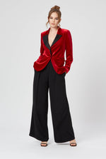 womens james lakeland velvet tuxedo jacket in red with black  detail