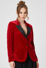 womens james lakeland velvet tuxedo jacket in red with black collar detail