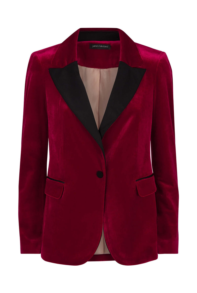 womens james lakeland velvet tuxedo jacket in red with black detail